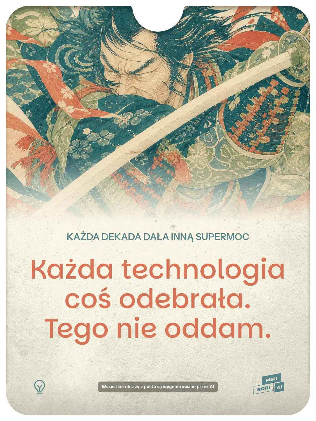 Japoński wojownik w tradycyjnym stroju z mieczem, plakat o technologii i innowacji