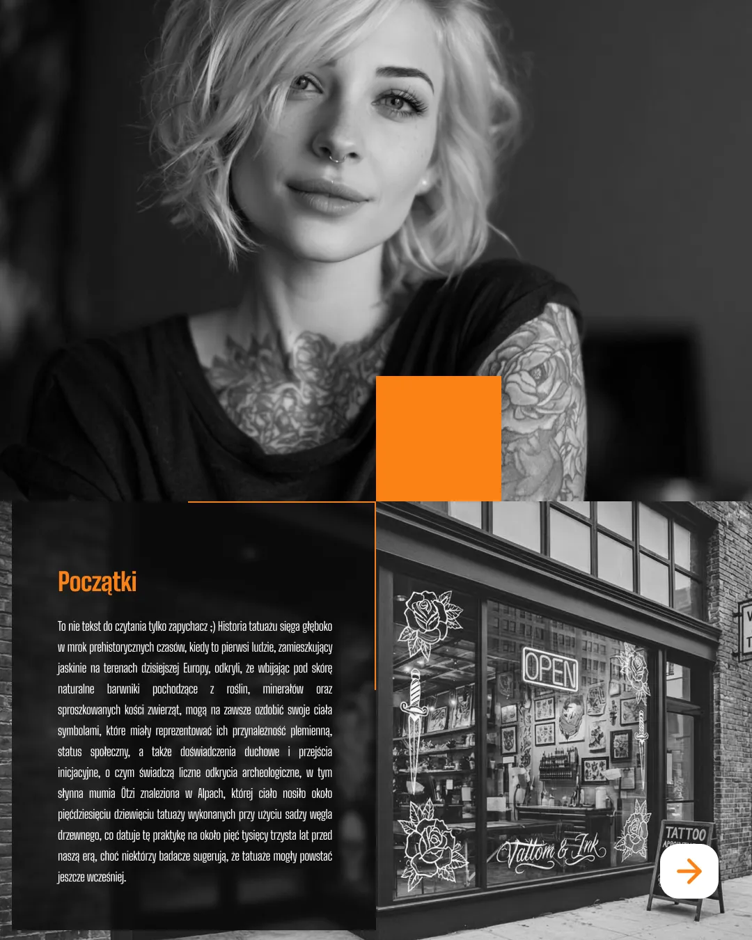 UI projekt z czarno-białym tłem i pomarańczowym akcentem