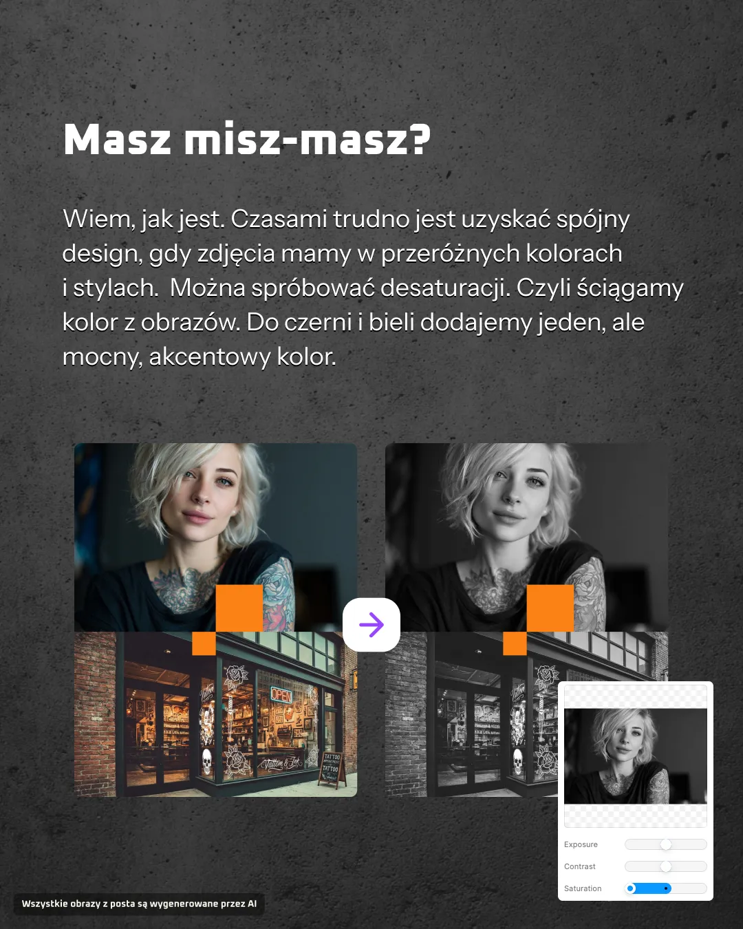 Zdjęcie przed i po desaturacji z kolorowym akcentem