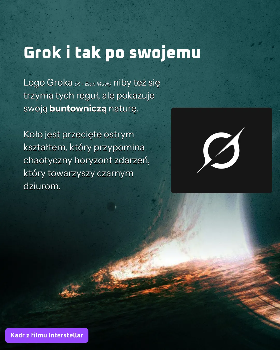 Przykład kontrastu między kołem a ostrymi kształtami w logo Grok