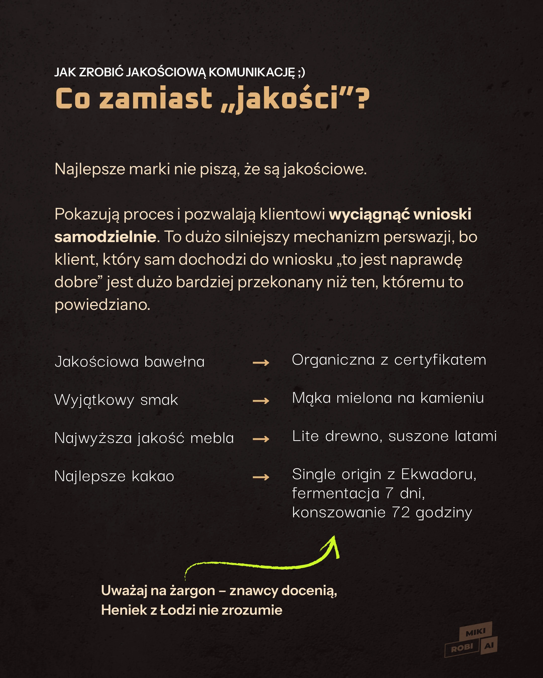 Infografika z tabelką porównującą puste hasła marketingowe z konkretnymi argumentami na ciemnym tle