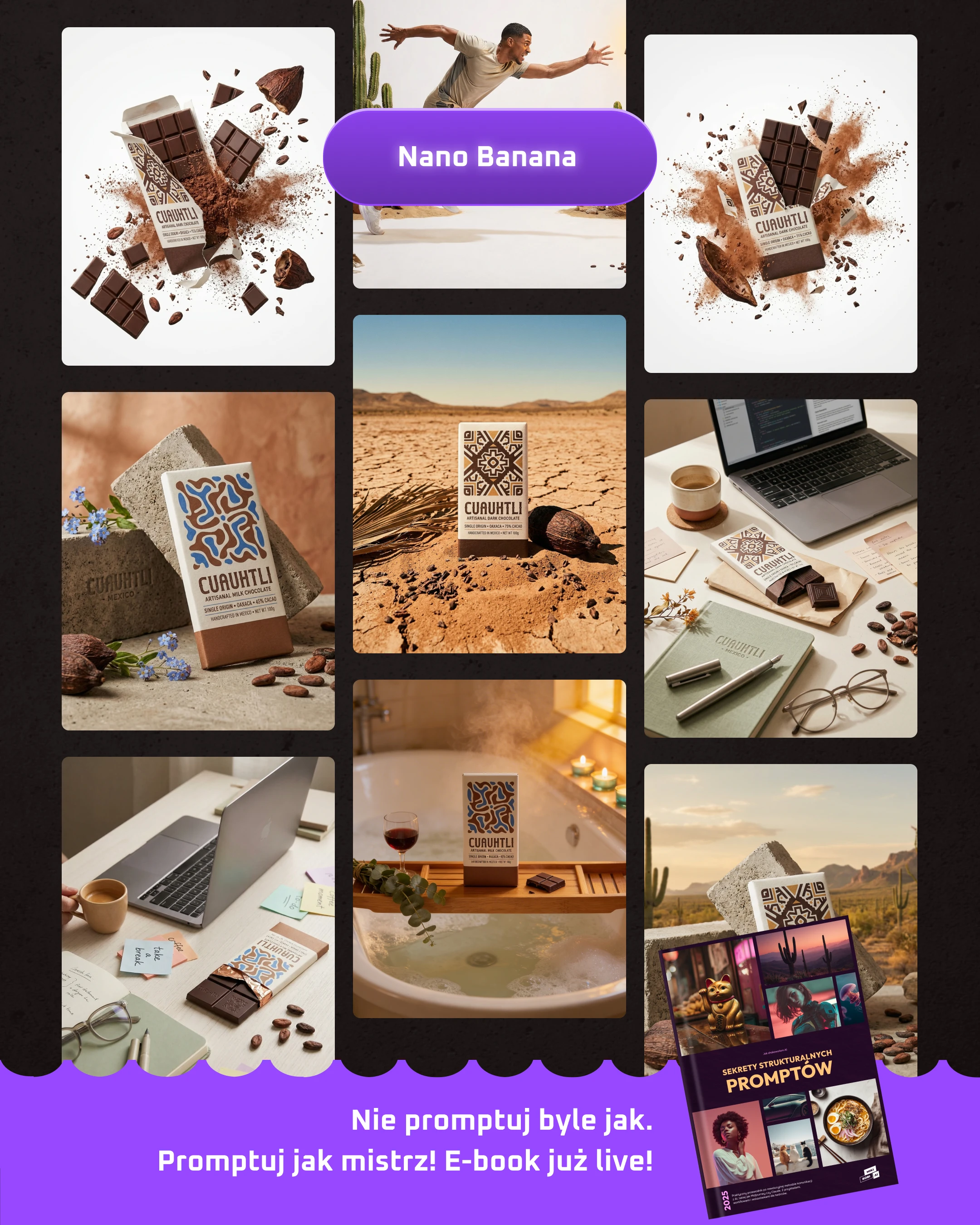 Kolaż dziewięciu zdjęć produktowych czekolady Cuauhtli w różnych sceneriach: pustynia, biurko z laptopem, wanna z płatkami