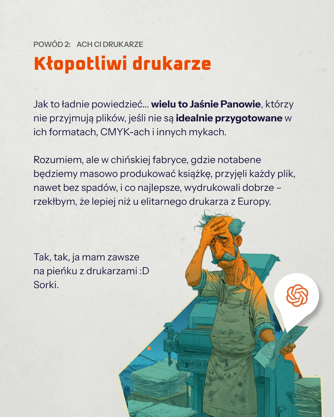 Maskotka Mikson z dymkiem wyjaśniającym problemy z formatem komiksu w programie InDesign