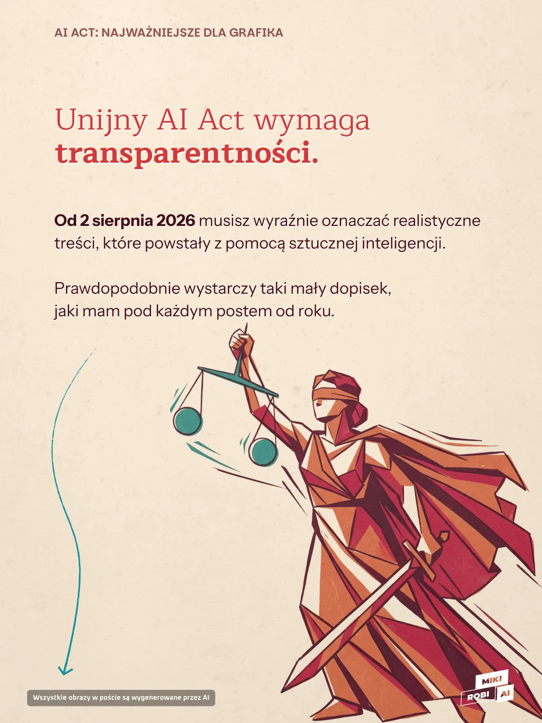 Unijny AI Act wymaga transparentności - ilustracja Temidy z wagą symbolizująca regulacje sztucznej inteligencji