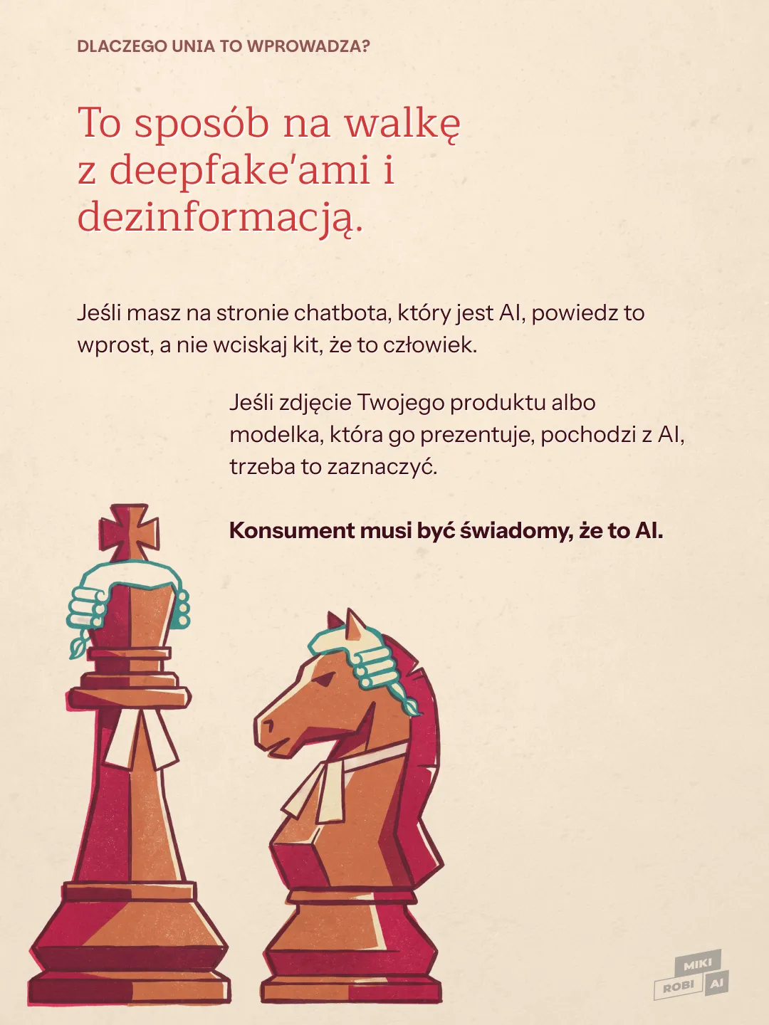 Infografika o walce z deepfake'ami i dezinformacją - szachowe figury z symbolem AI i tekstem o świadomości konsumentów
