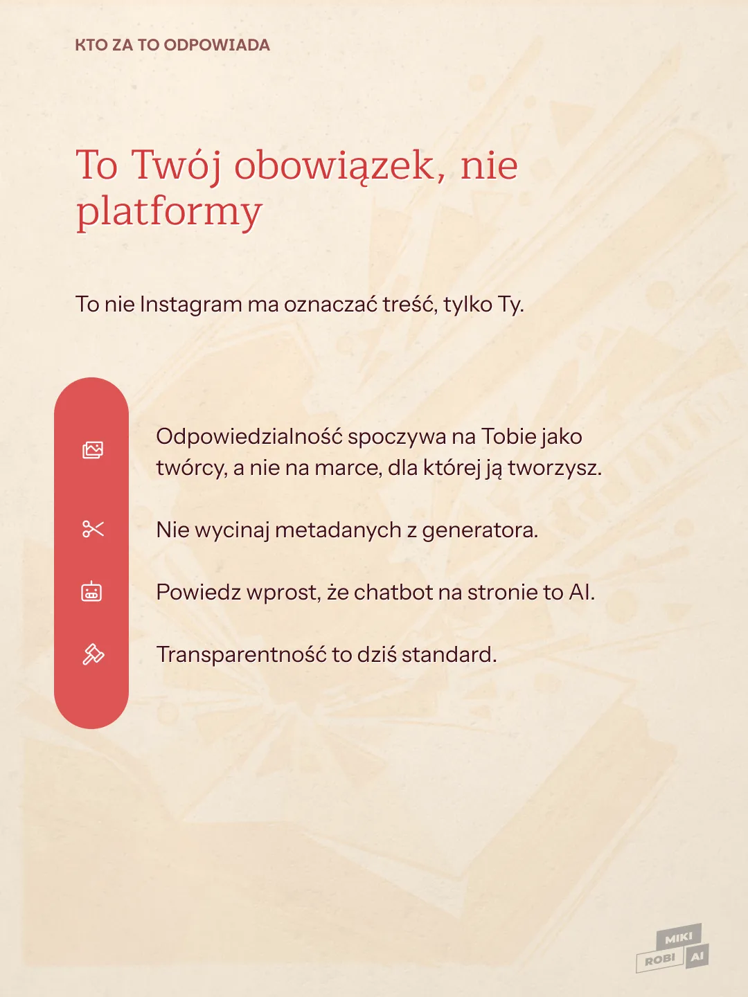 Strona błędu Instagram z wytycznymi dotyczącymi odpowiedzialności twórcy i transparentności platformy