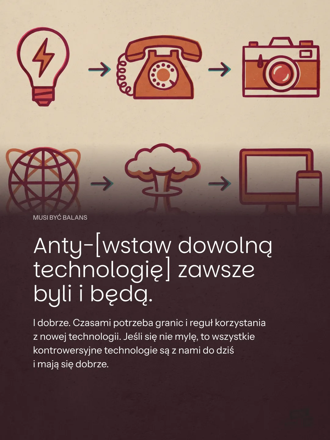 Infografika pokazująca ewolucję technologii: żarówka, telefon, aparat, atom, chmura i urządzenia cyfrowe