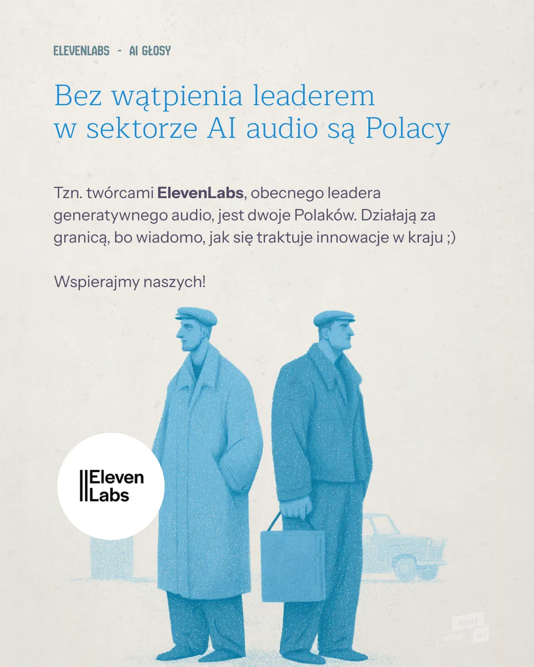 ElevenLabs - polscy liderzy generatywnego audio AI, dwaj mężczyźni z walizkami i logo firmy