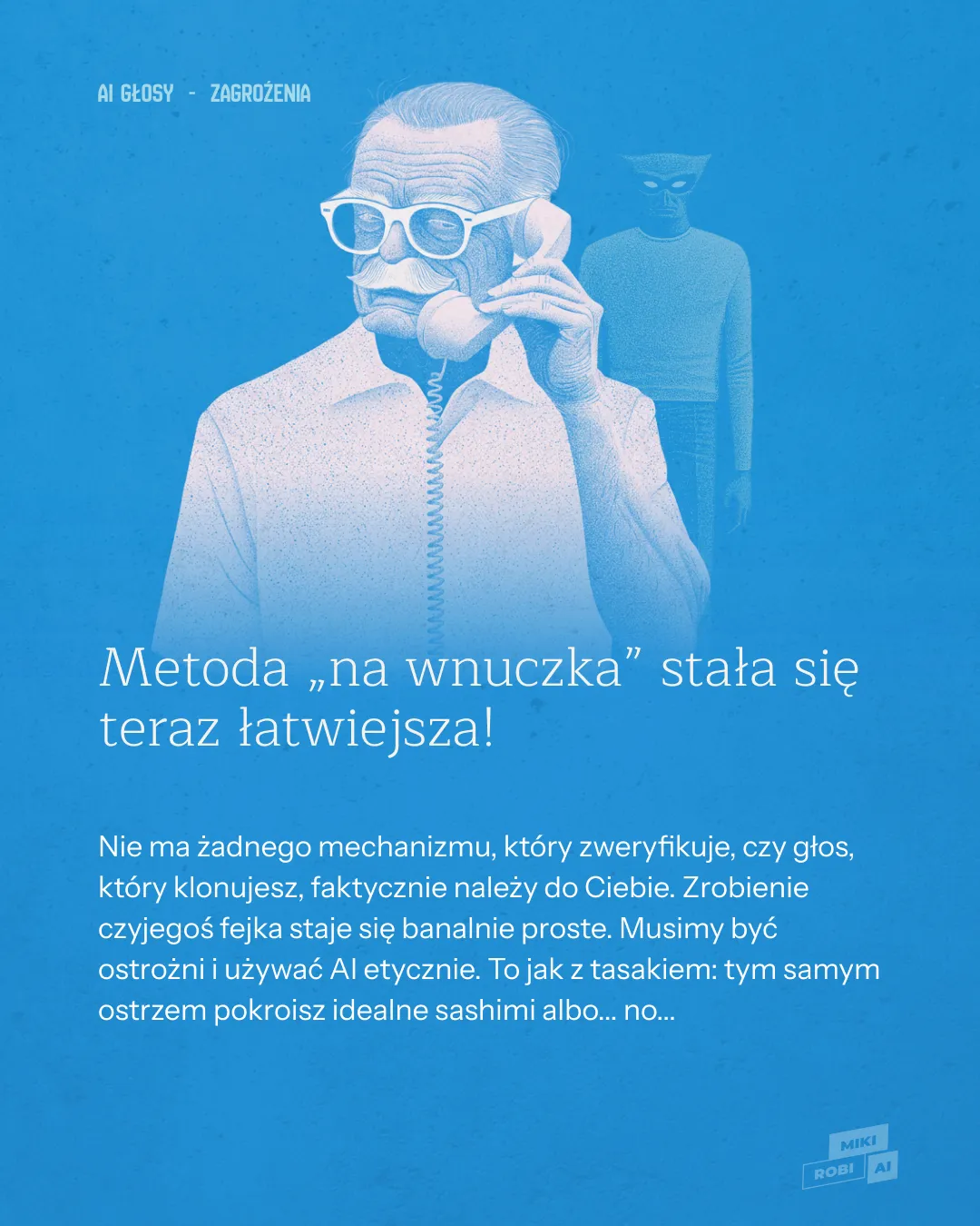Mężczyzna w okularach rozmawia przez telefon stacjonarny, ilustracja o etyce AI i zagrożeniach sztucznej inteligencji