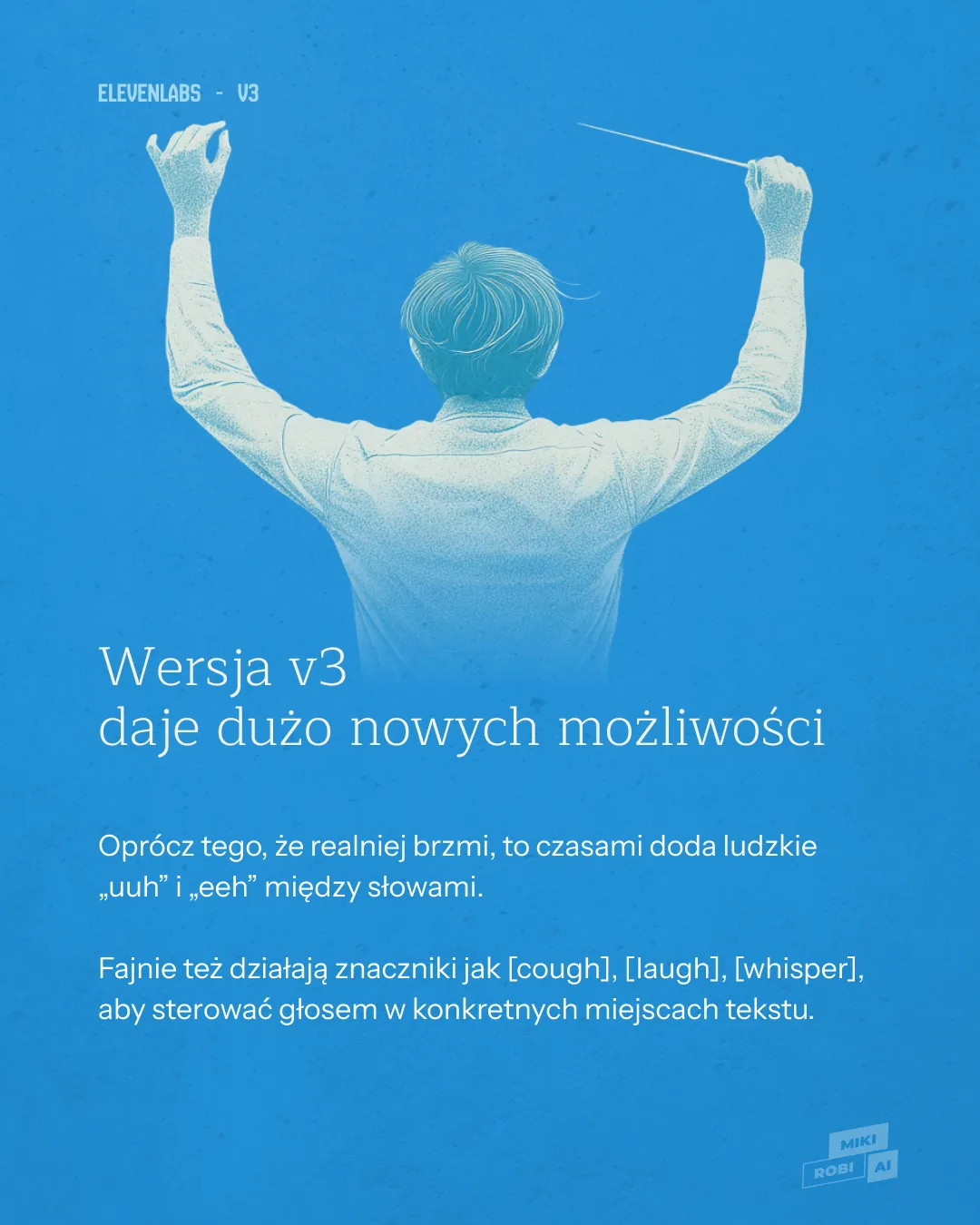 Osoba z podniesionymi rękami na niebieskim tle, ilustracja do wersji v3 ElevenLabs