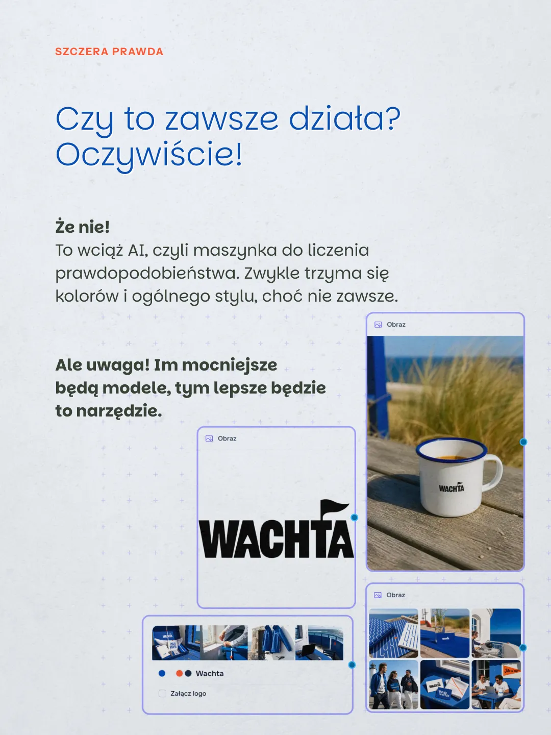 Infografika o ograniczeniach AI: może nie odwzorować poprawnie logo „Wachta” na kubku.