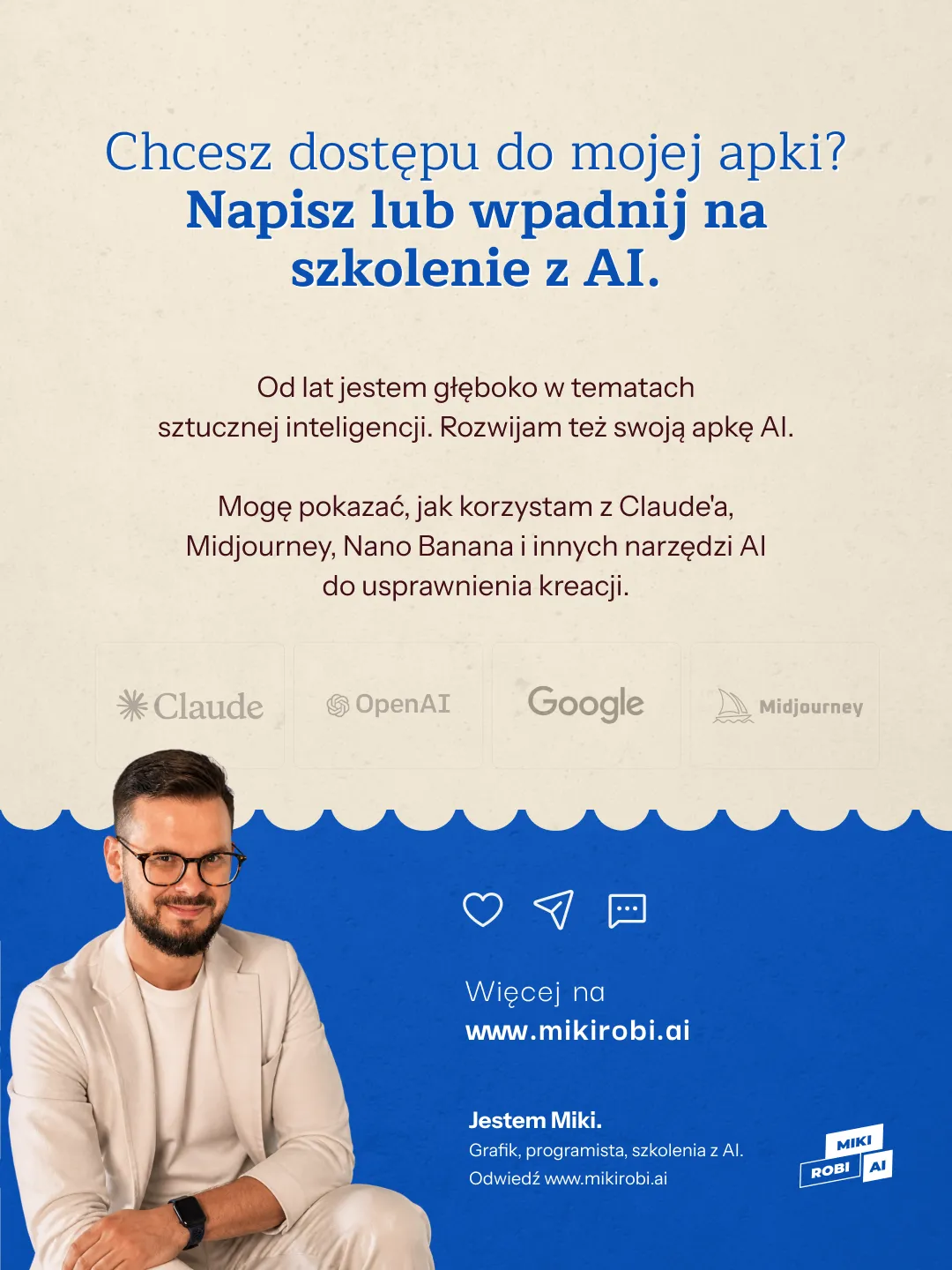 Plakat szkolenia z AI, z mężczyzną w okularach i informacją o aplikacji, narzędziach AI oraz stronie mikirobi.ai.