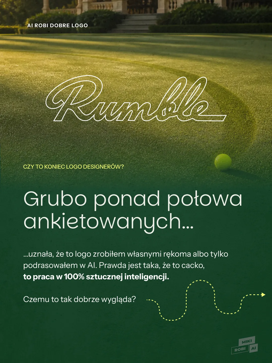 Elegancki napis na tle zielonego kortu tenisowego z pałacem i piłką tenisową - Recraft AI