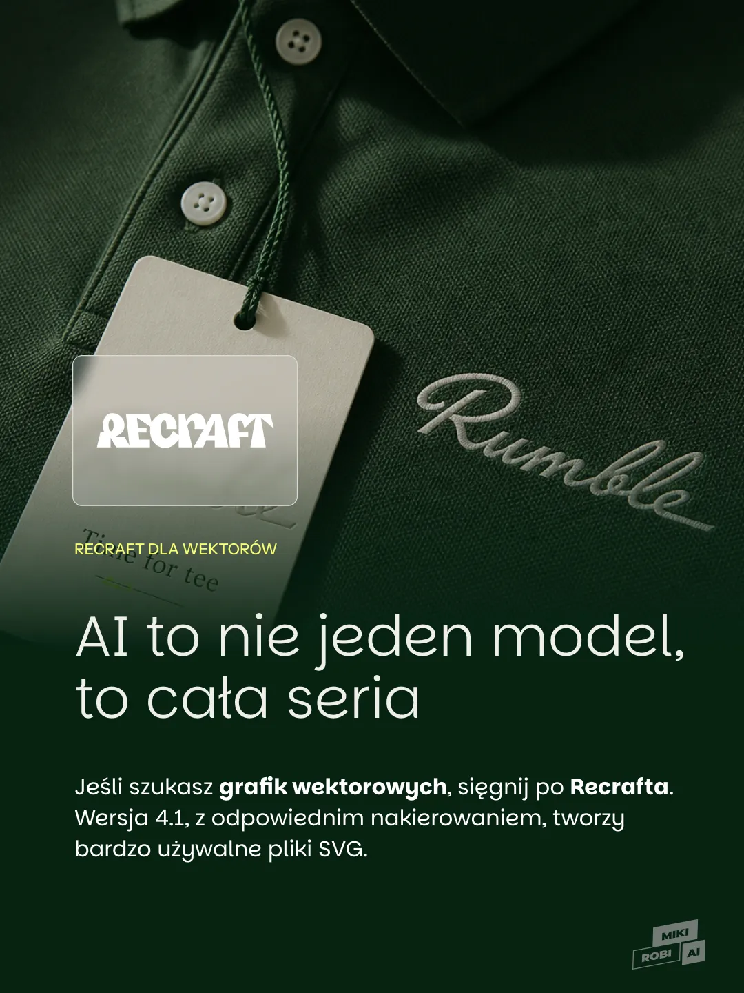 Zielona kurtka z metką Recraft i haftem logo, białymi guzikami i etykietą produktową - Recraft AI