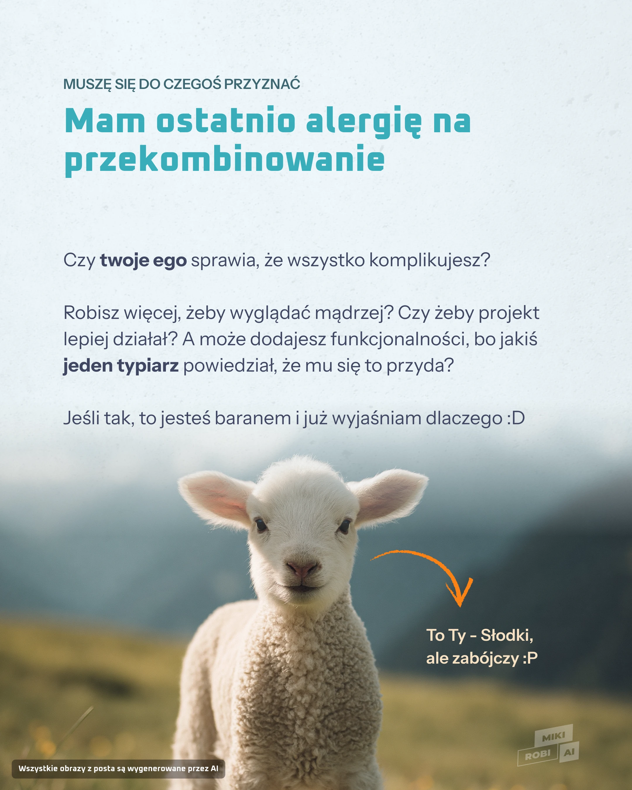 Młoda owca na łące z tekstem o alergii na przekombinowanie