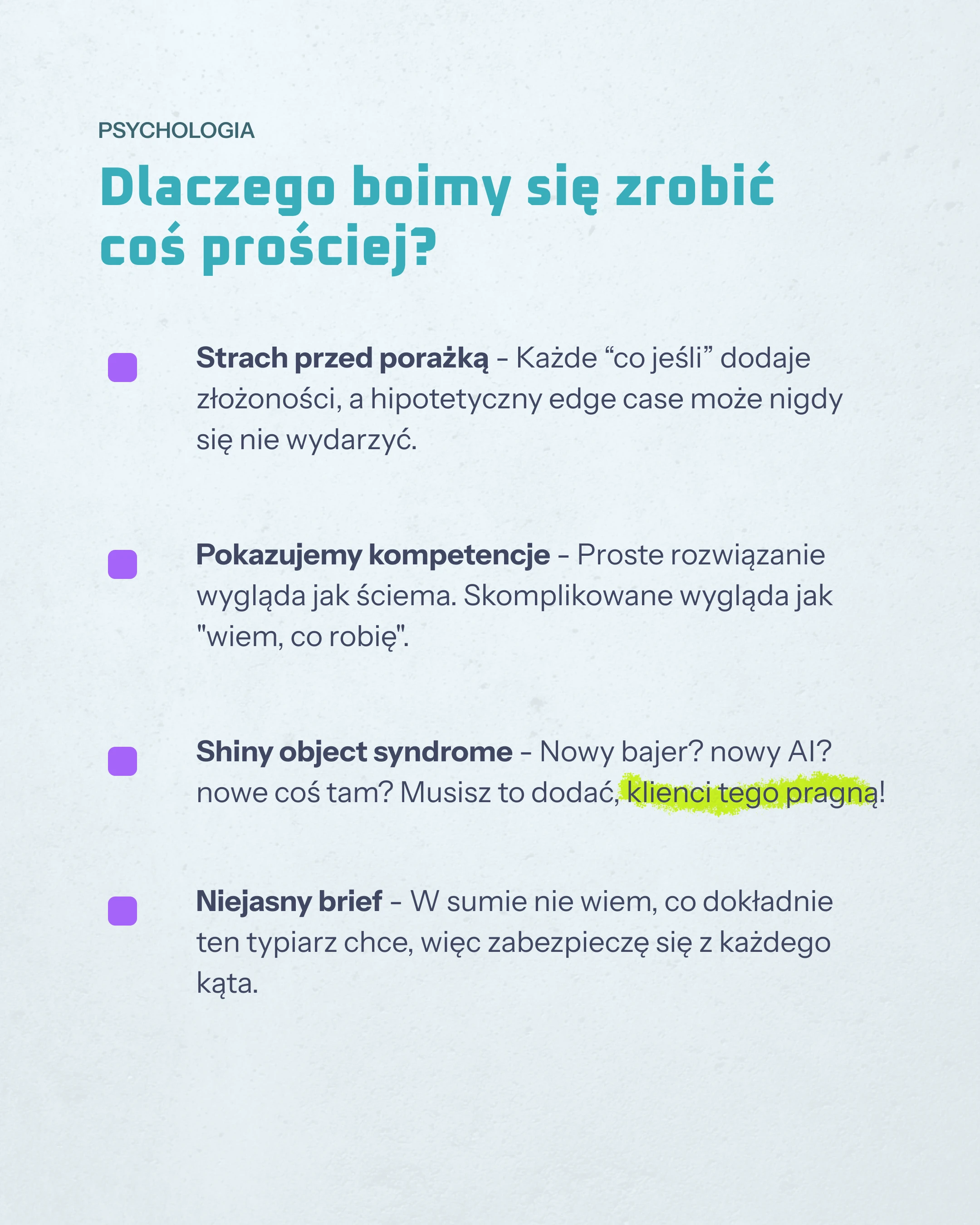 Infografika psychologiczna o przyczynach braku motywacji do osiągania celów z czterema punktami: strach przed porażką, brak pokazywania kompetencji, syndrom błyszczącego obiektu i niejasne cele