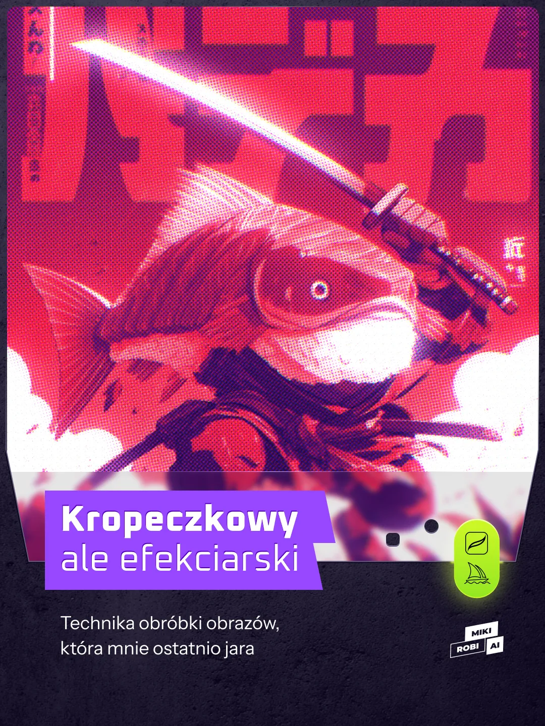 Ilustracja z efektem retro wygenerowana w Midjourney i obrobiona w Procreate — Bloom, Halftone i chromatic aberration