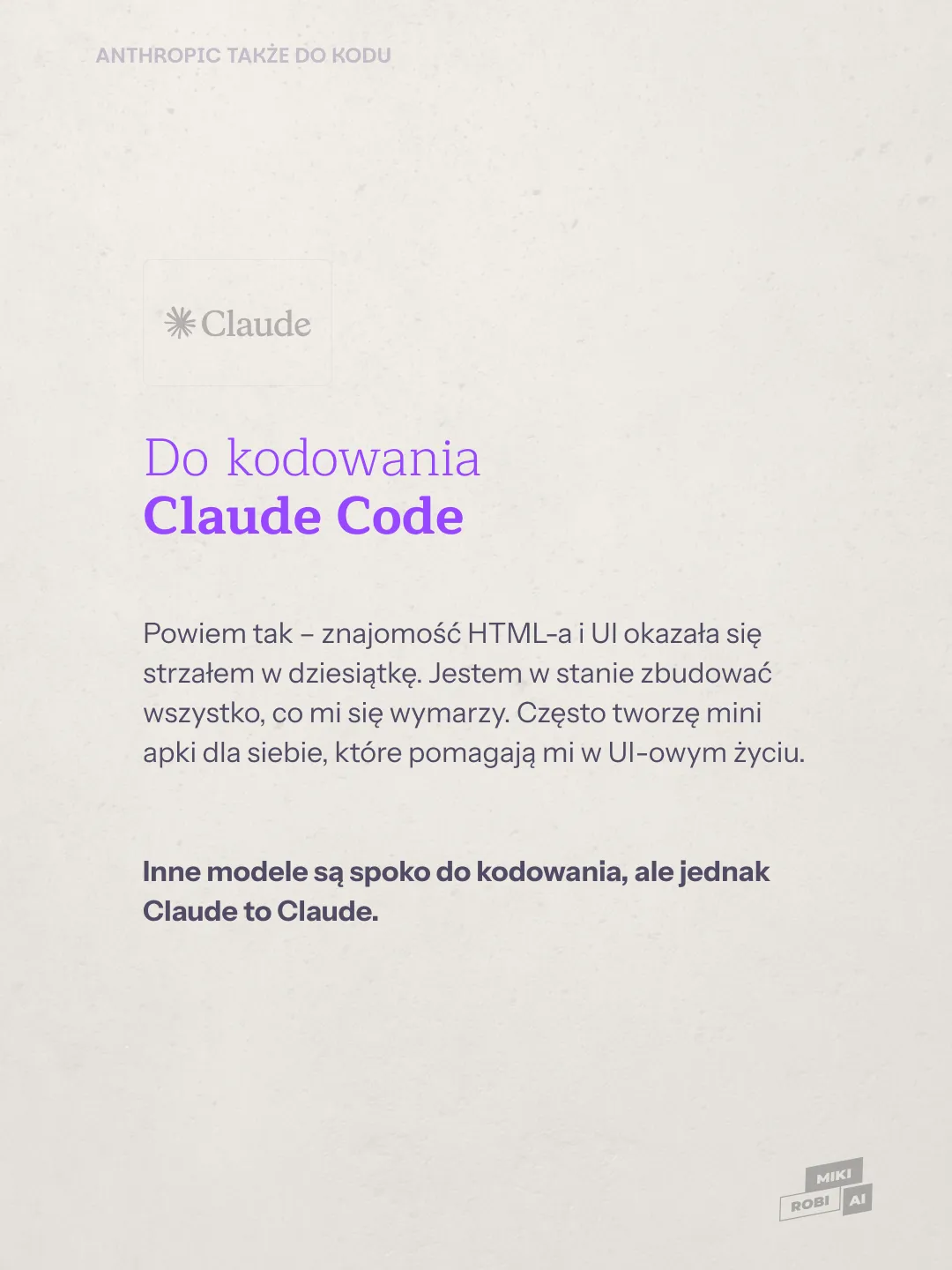 Logo Claude z tekstem "Do kodowania Claude Code" na beżowym tle