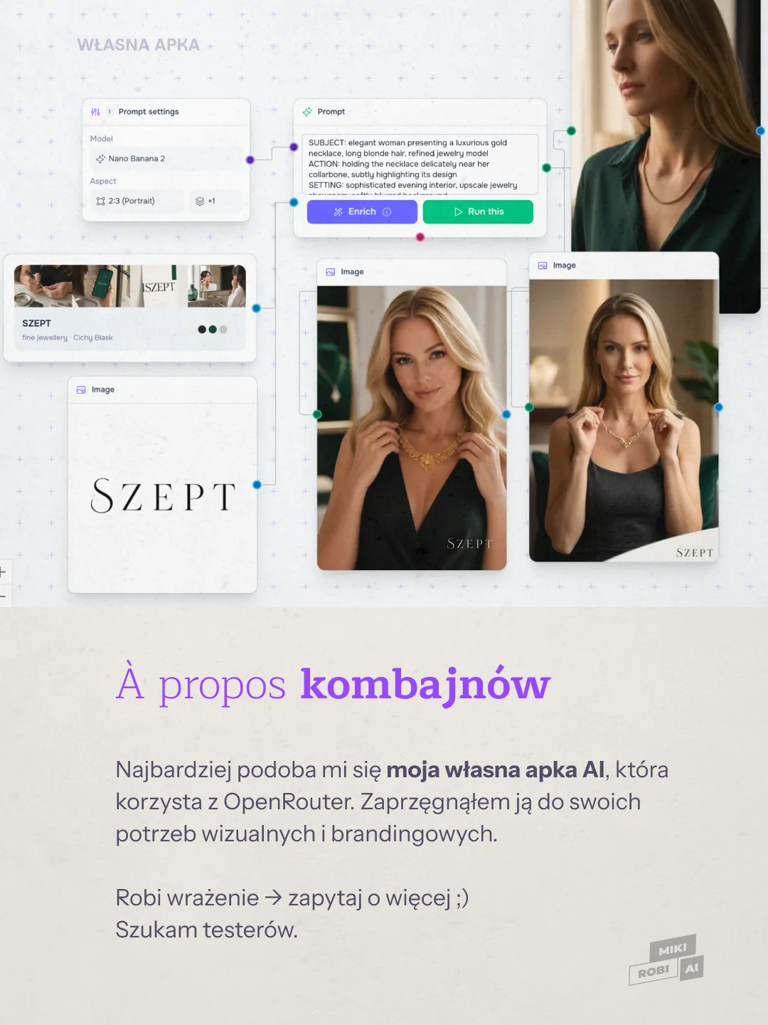 Interfejs AI do generowania zdjęć produktowych biżuterii z promptami i podglądem wyników