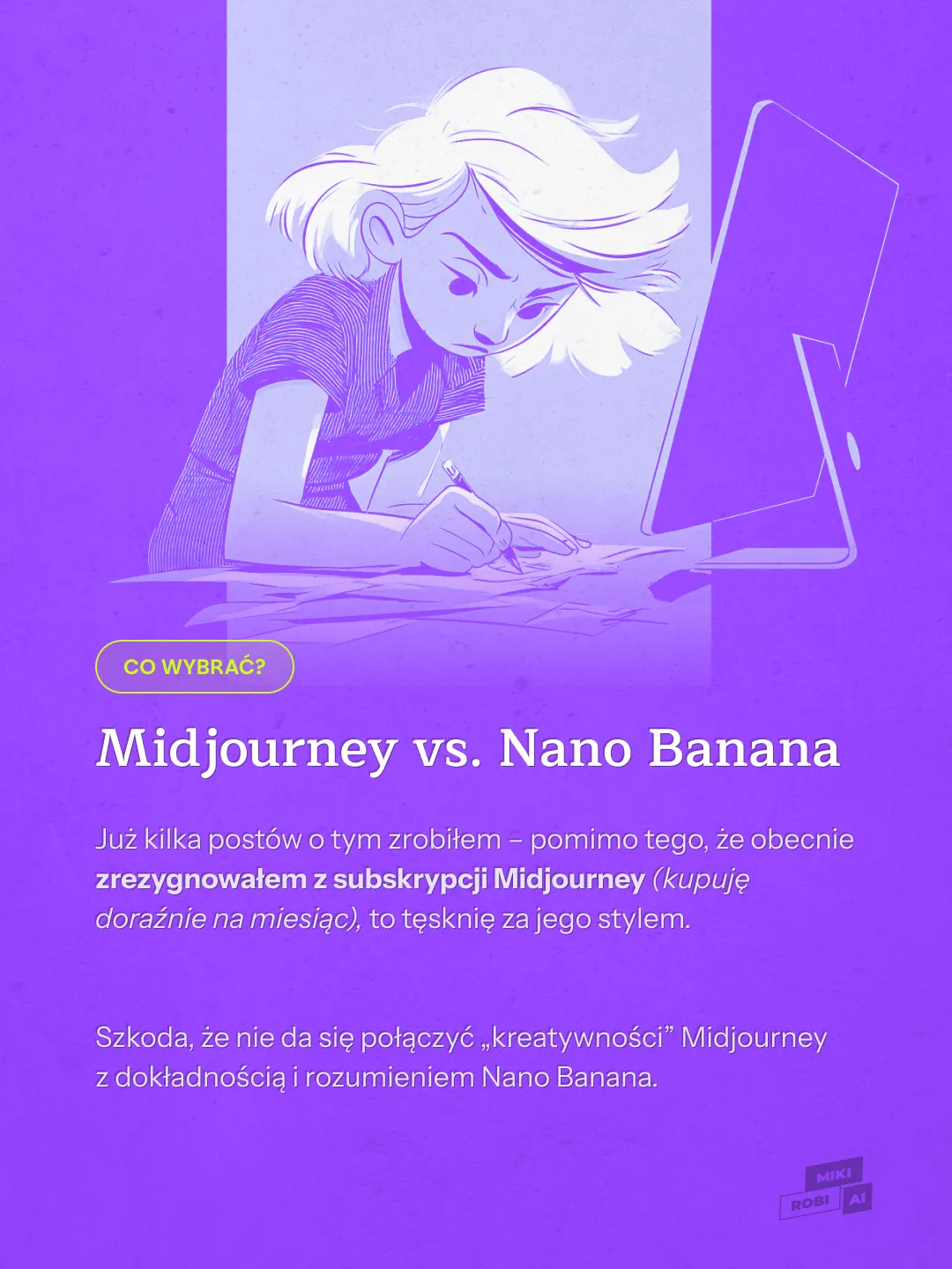Kobieta pracująca przy komputerze, porównanie Midjourney vs Nano Banana, narzędzia AI do generowania obrazów