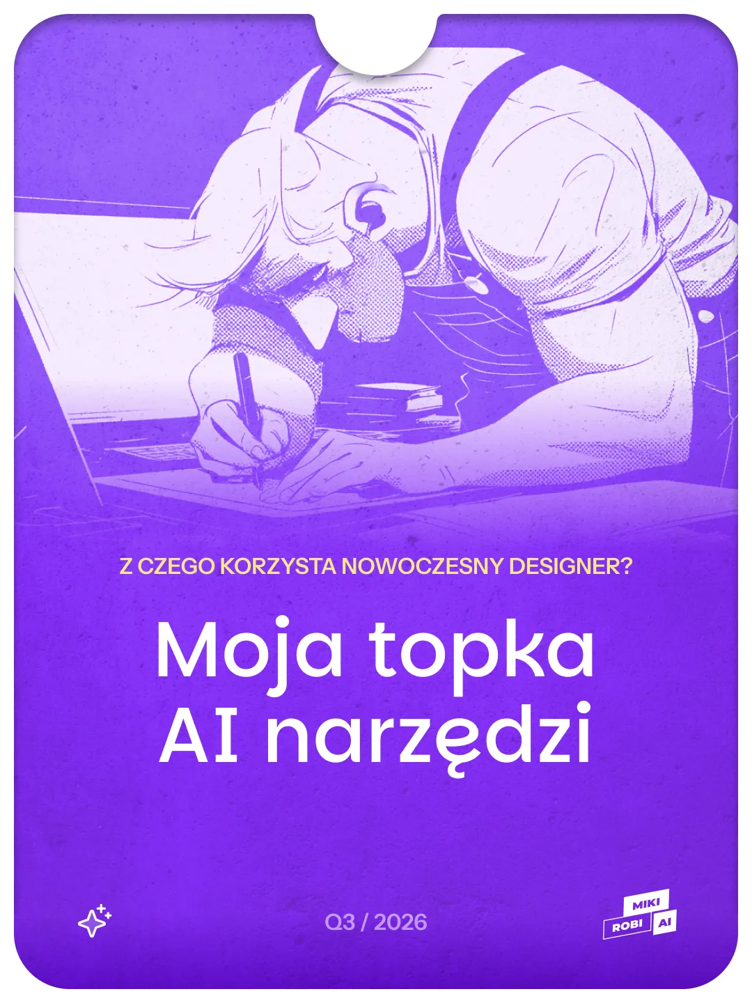 Dwie osoby pracujące przy laptopie, ilustracja projektanta AI, fioletowy gradient, narzędzia cyfrowe