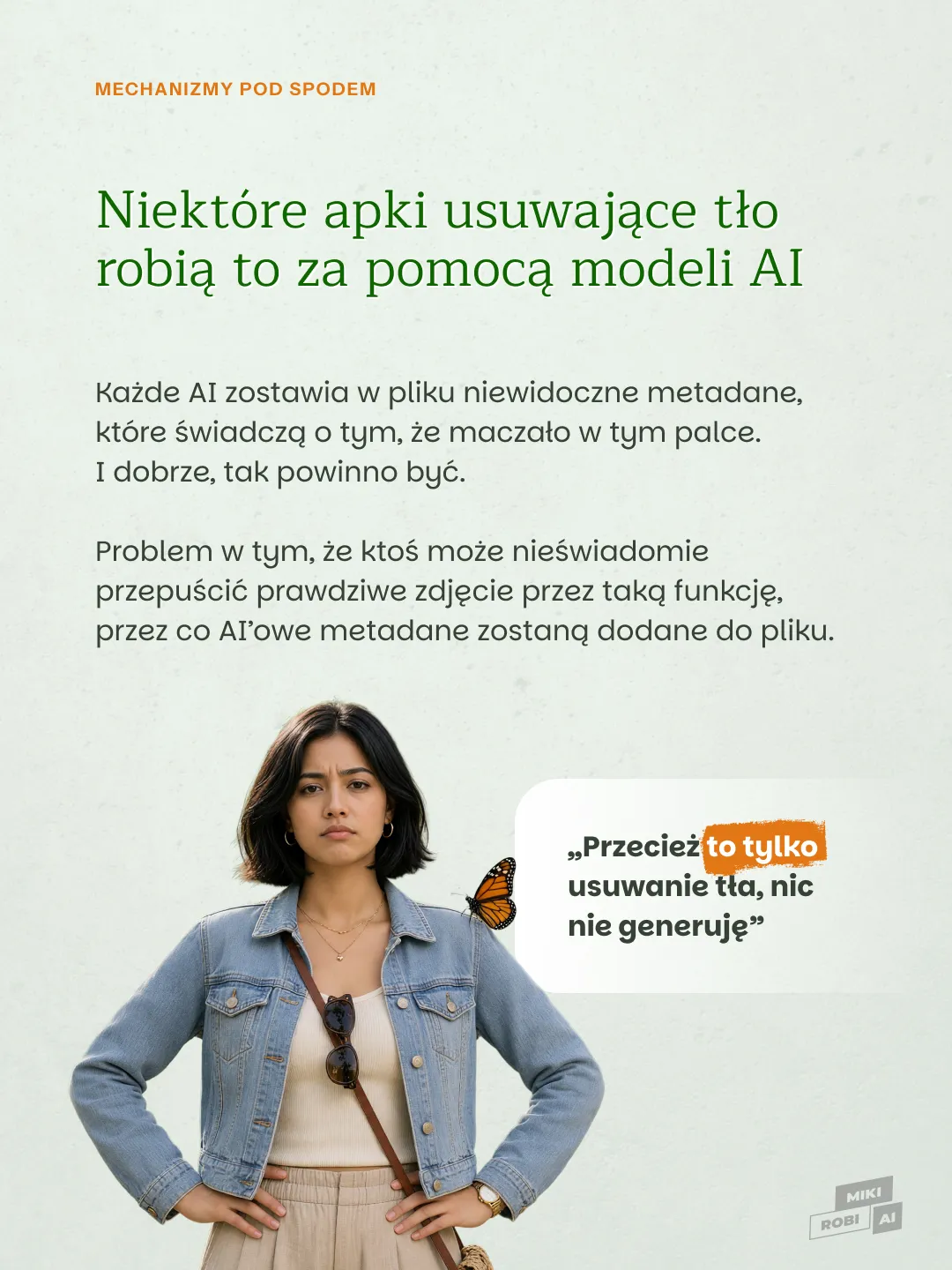 Kobieta w dżinsowej kurtce z motylem na ramieniu, ilustracja o mechanizmach AI i metadanych w aplikacjach