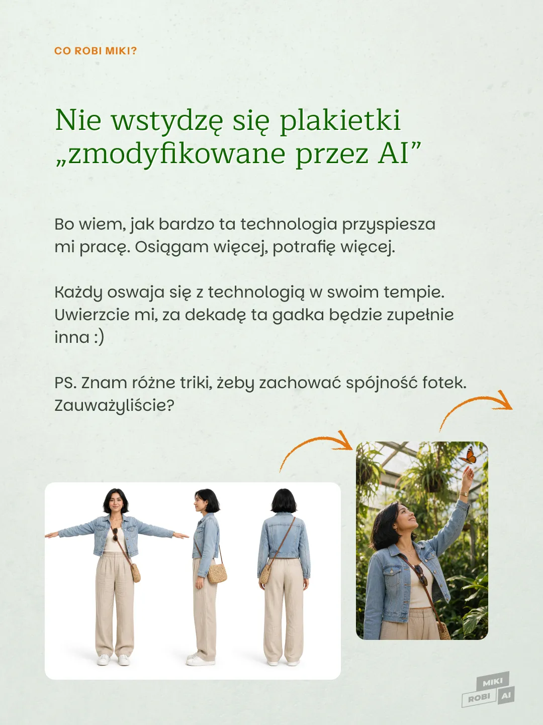 Kobieta w dżinsowej kurtce i beżowych spodniach pokazana z trzech stron oraz w ogrodzie wśród roślin