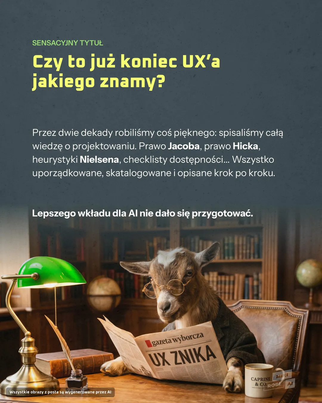 Koza czytająca gazetę UX Znika w bibliotece z lampą i globusem