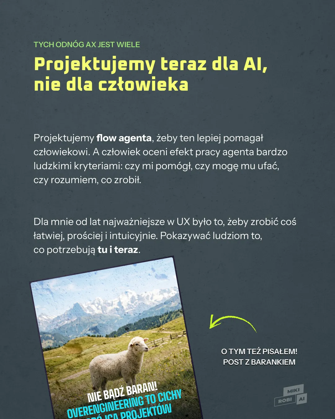 Projektowanie dla AI zamiast dla człowieka - owca na alpejskiej łące z górami w tle