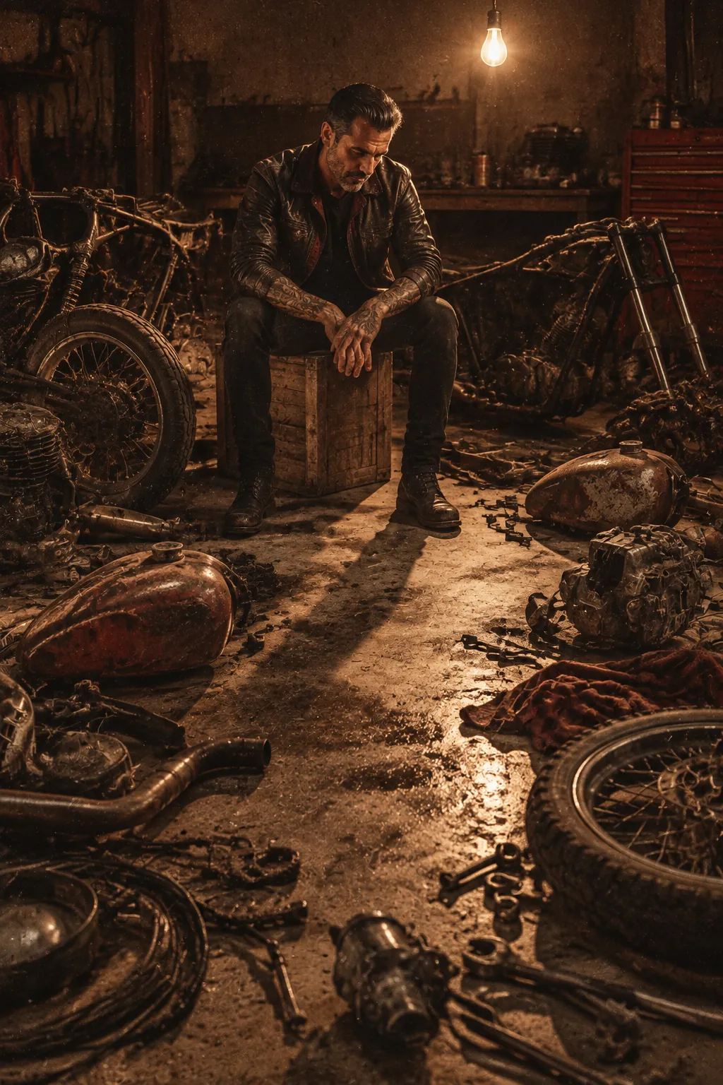Nocą właściciel warsztatu siedzi sam na odwróconej skrzynce wśród części motocykli, które rozebrał i pozostawił niezłożone.