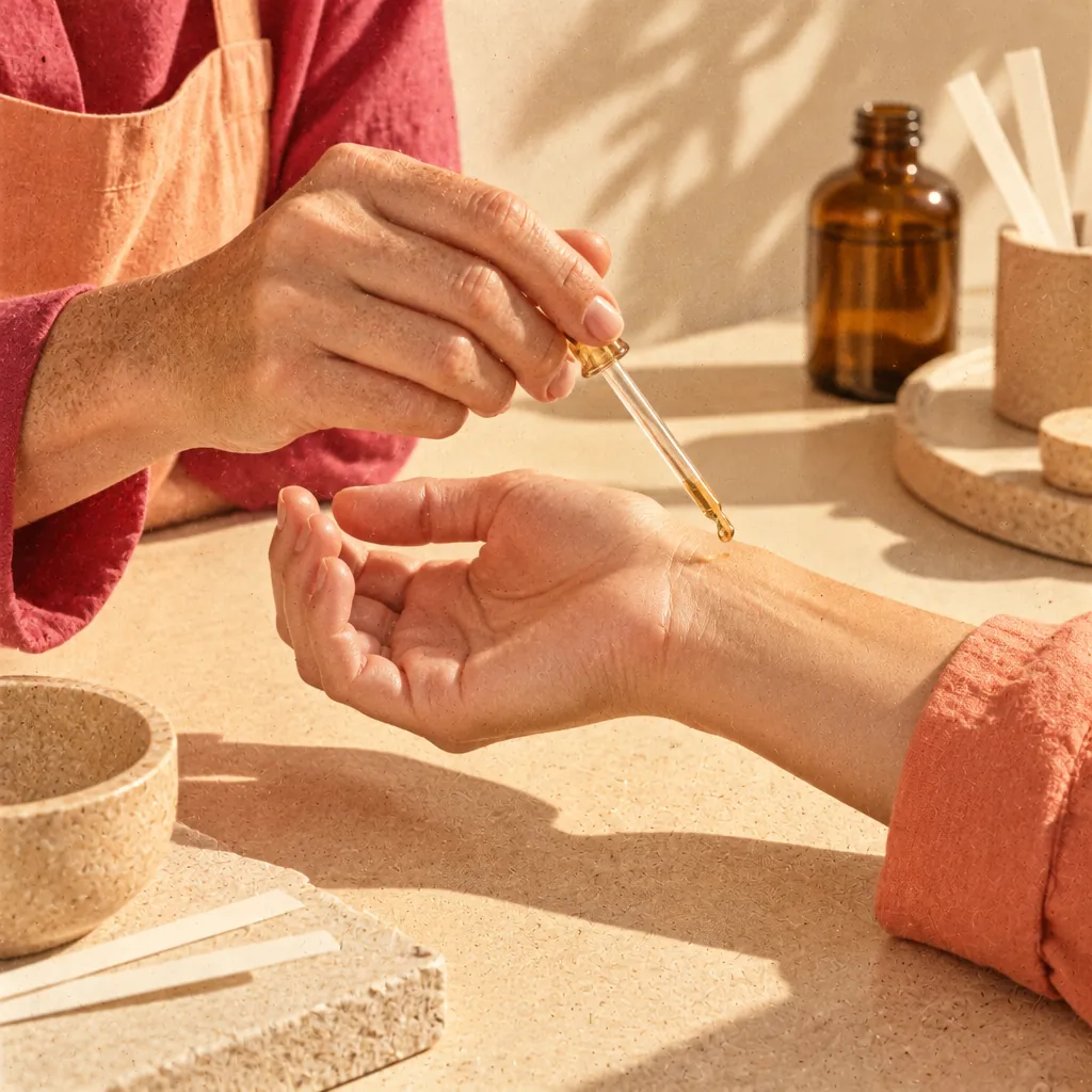 Dłoń perfumiarki nanosi pipetą kroplę perfum na nadgarstek klientki.