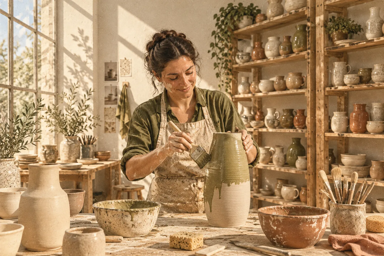 Ceramiczka szkliwi wazon w pracowni. Po prawej stoją regały z setkami naczyń o różnych kształtach i szkliwach.