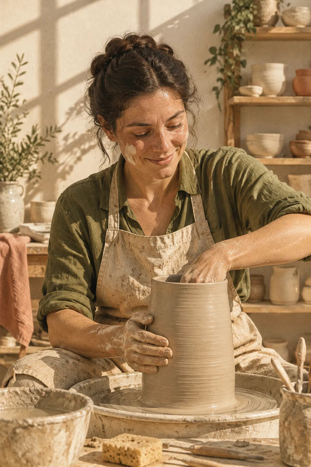 Ceramiczka toczy naczynie na kole w swojej pracowni. Dłonie ma pokryte gliną, a na twarzy skupiony uśmiech.