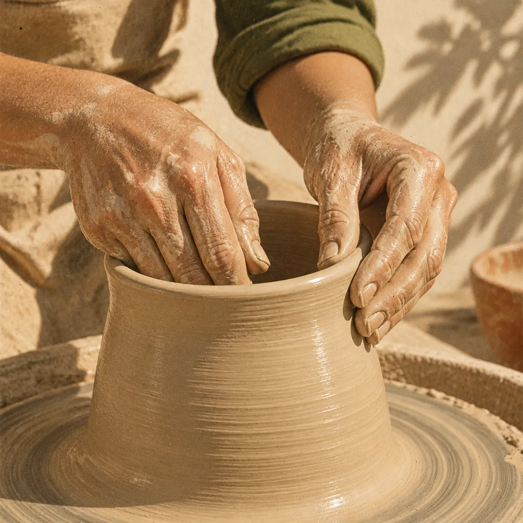 Zbliżenie dłoni ceramiczki formujących ścianki naczynia na obracającym się kole garncarskim.