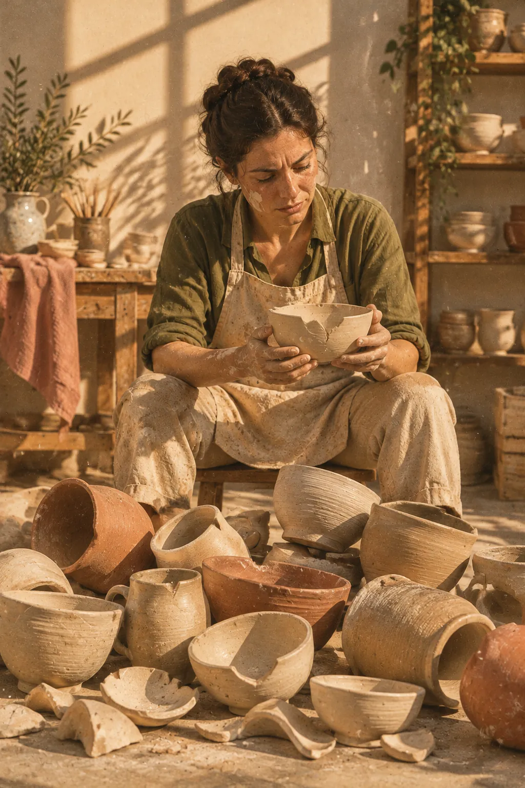 Sfrustrowana ceramiczka siedzi przy stercie odrzuconych, niedoskonałych naczyń. W dłoniach trzyma pękniętą miskę.