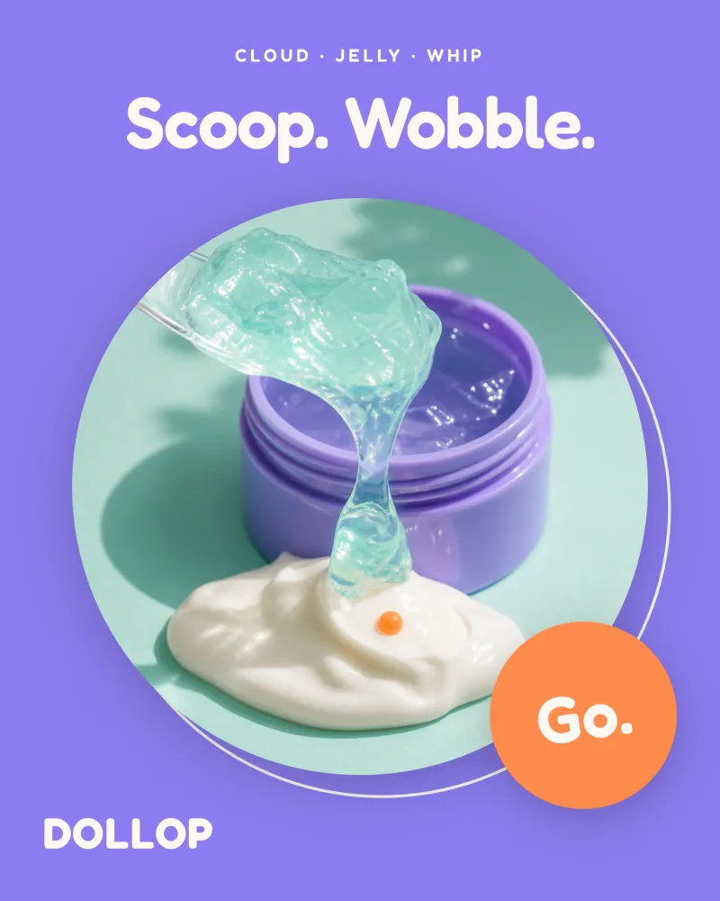 Post marki Dollop: Scoop. Wobble. Go., galaretkowy kosmetyk na fioletowym tle