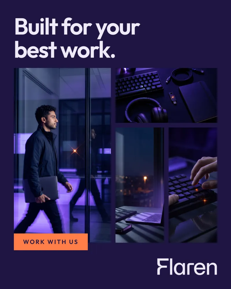 Post marki Flaren: Built for your best work, kolaż biura nocą