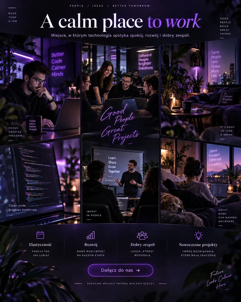 Reklama z ChatGPT: A calm place to work, kolaż biura w fiolecie