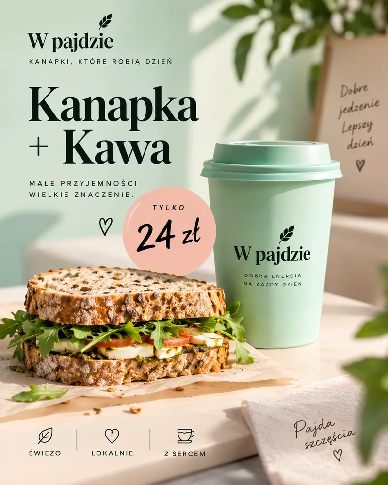 Reklama z ChatGPT: W pajdzie, kanapka i kawa za 24 zł w miętowych kolorach