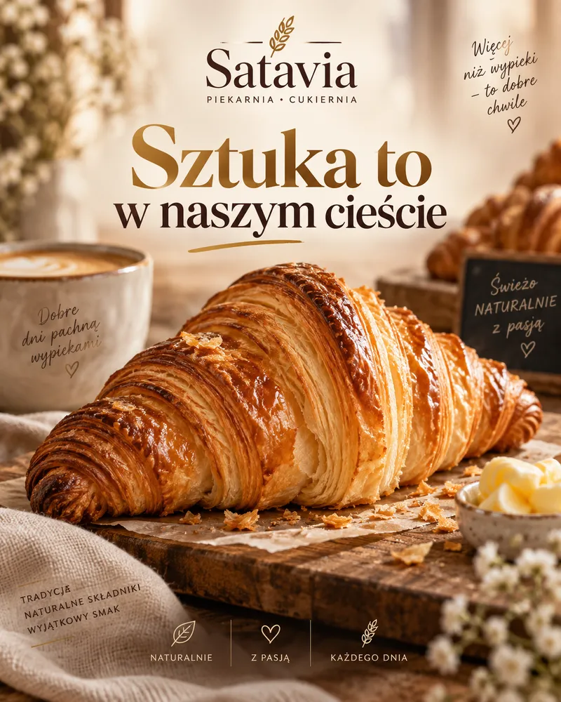 Reklama z ChatGPT: Satavia, Sztuka to w naszym cieście, croissant na desce
