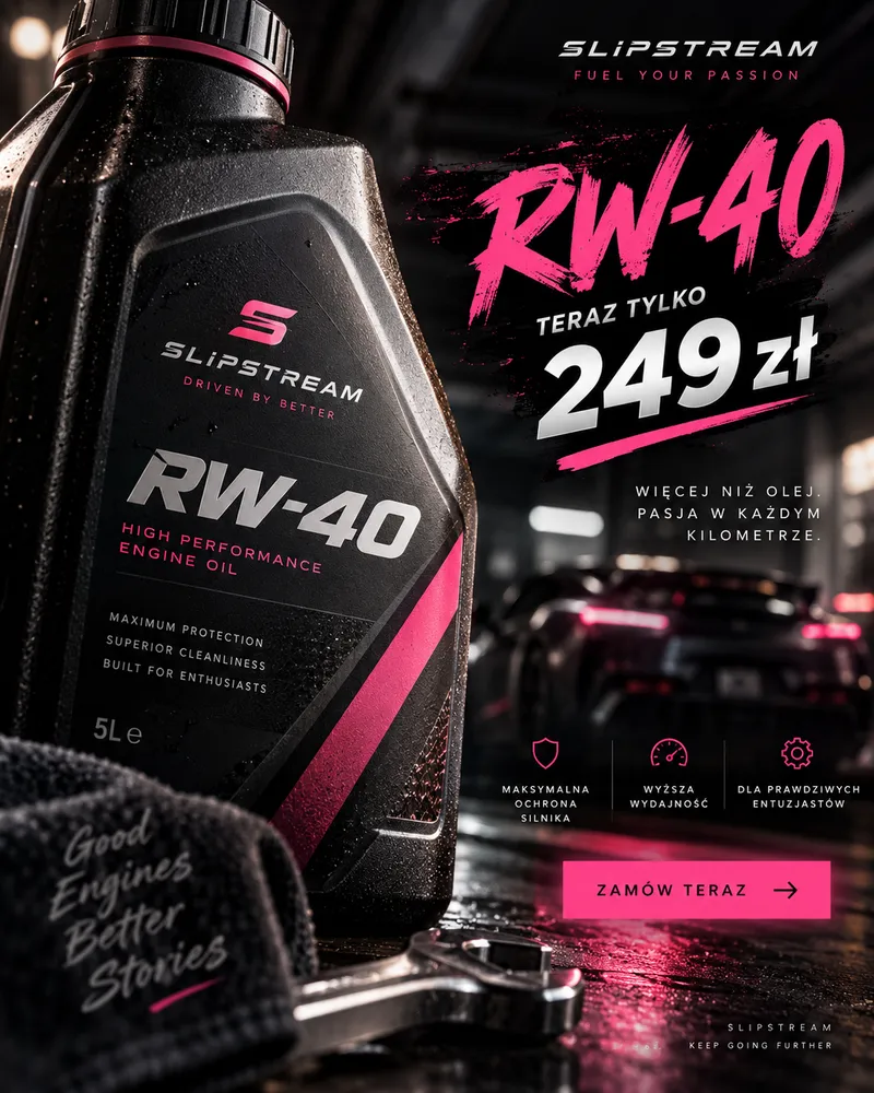 Reklama z ChatGPT: Slipstream RW-40, olej silnikowy za 249 zł w różowym neonie