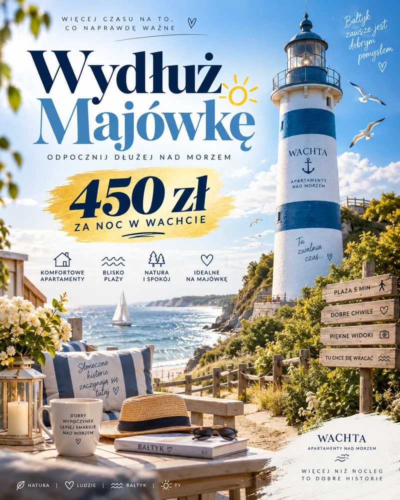 Reklama z ChatGPT: Wydłuż majówkę nad Bałtykiem, latarnia i ikony