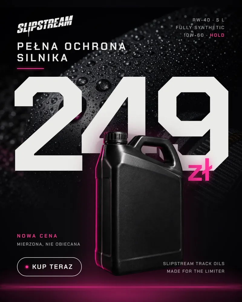 Post marki Slipstream: Pełna ochrona silnika, 249 zł, kanister oleju w różowym neonie