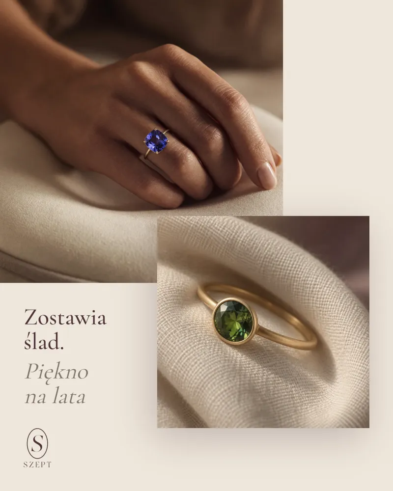 Post marki Szept: Zostawia ślad. Piękno na lata, pierścionki z szafirem i turmalinem