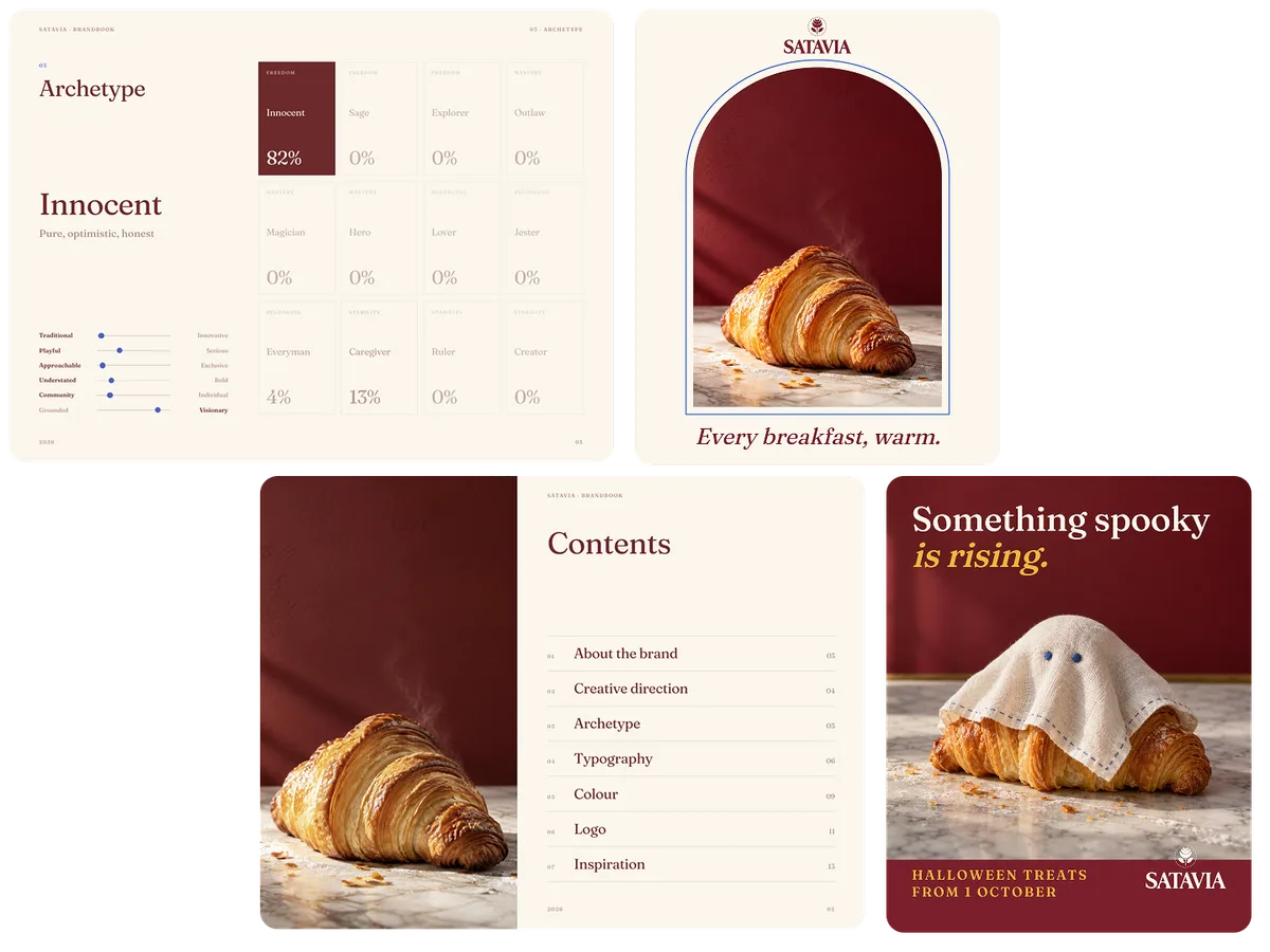 Strony brandbooka Satavii (archetyp, spis treści) obok postów Every breakfast, warm i Something spooky is rising