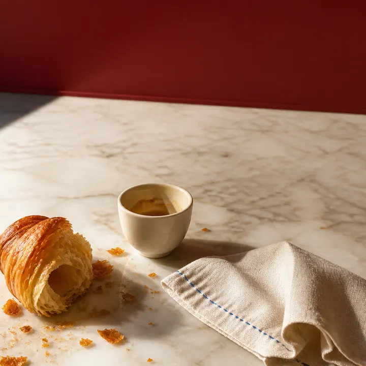 Croissant, filiżanka i lniana ściereczka po śniadaniu