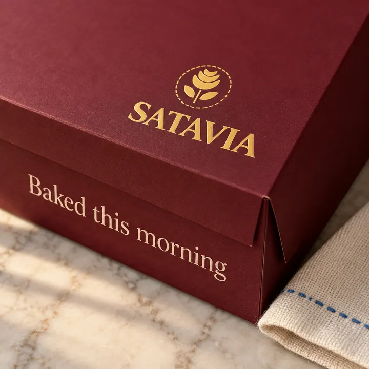 Wiśniowe pudełko Satavia z napisem Baked this morning