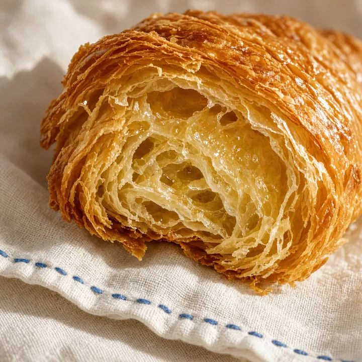 Zbliżenie na warstwy croissanta na lnianej ściereczce
