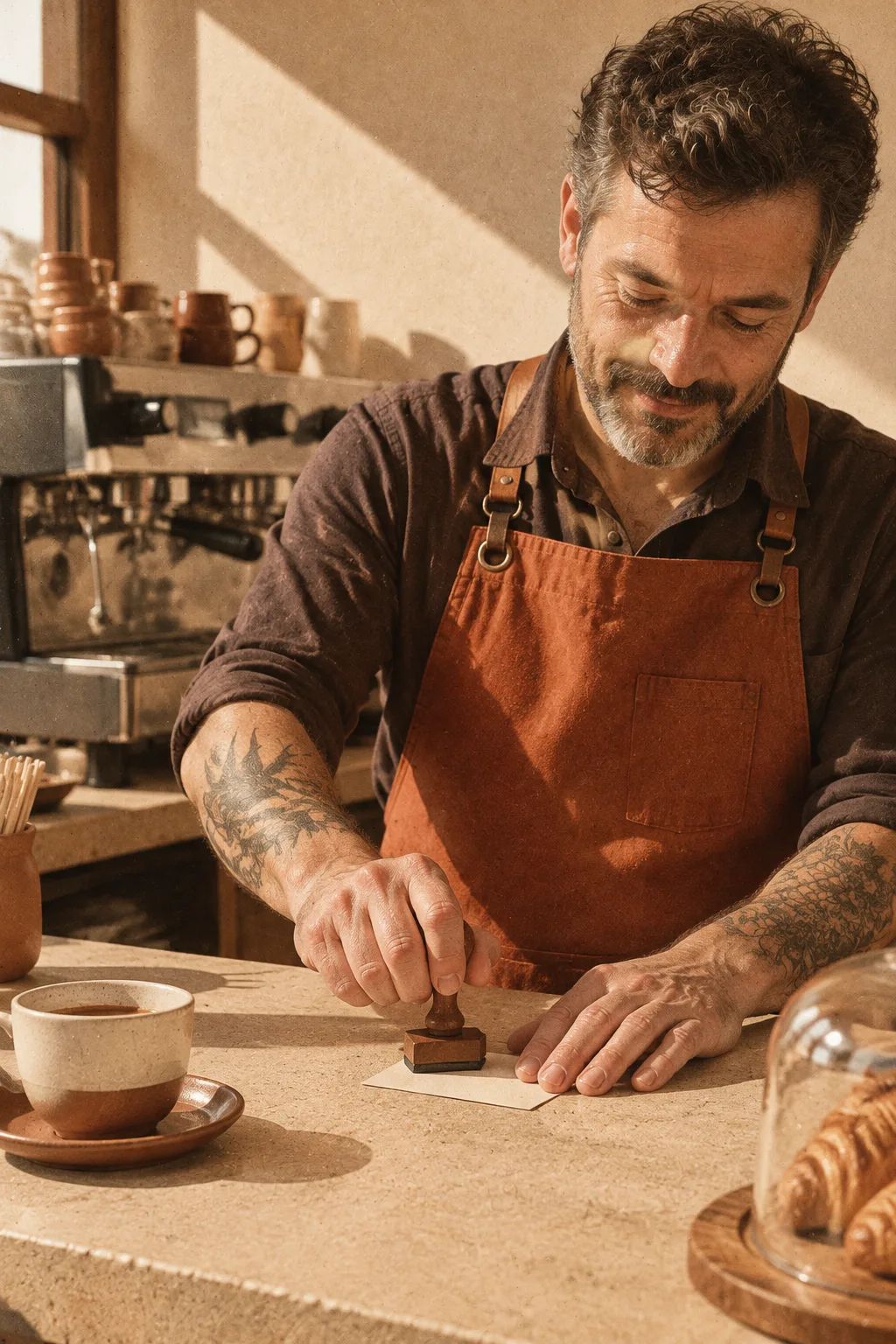 Wytatuowany barista w terakotowym fartuchu przybija drewnianą pieczątką małą kartkę na blacie, za nim ekspres do kawy w porannym słońcu.