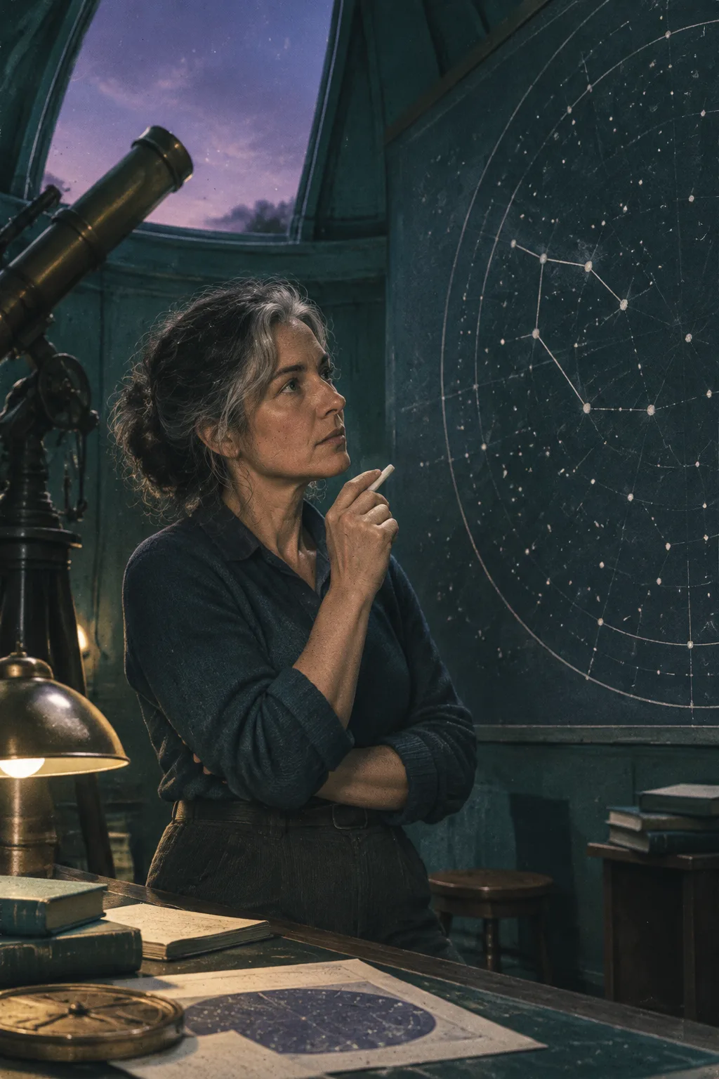 Astronomka z kredą w dłoni stoi nocą w obserwatorium obok mapy nieba, na której połączono tylko część gwiazdozbioru, i patrzy w górę.